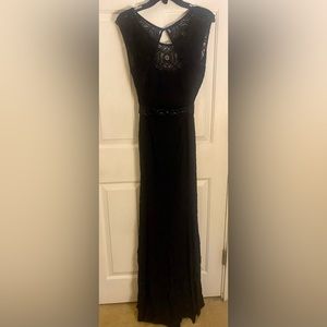 Betsy & Adam Black Lace Floor Length Dress with Open Back and Beaded Belt.